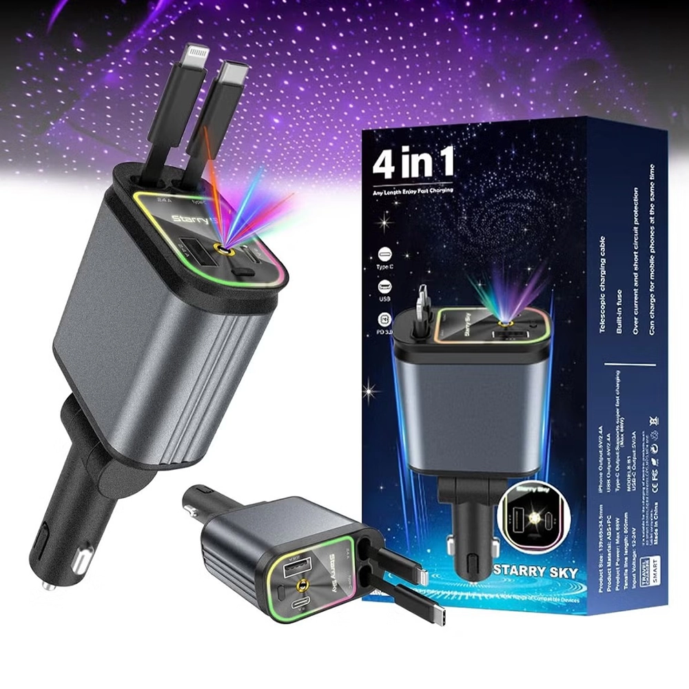 شاحن سيارة 4 في 1 سريع بمخارج سحب (Retractable) - يدعم Type-C و iOS