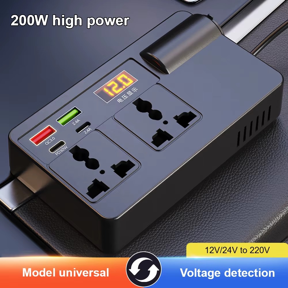 محول طاقة كهربائي عالي القدرة 200 واط للسيارة-12V / 24V إلى شاحن سريع 220 فولت مع USB-PD، كشف الجه