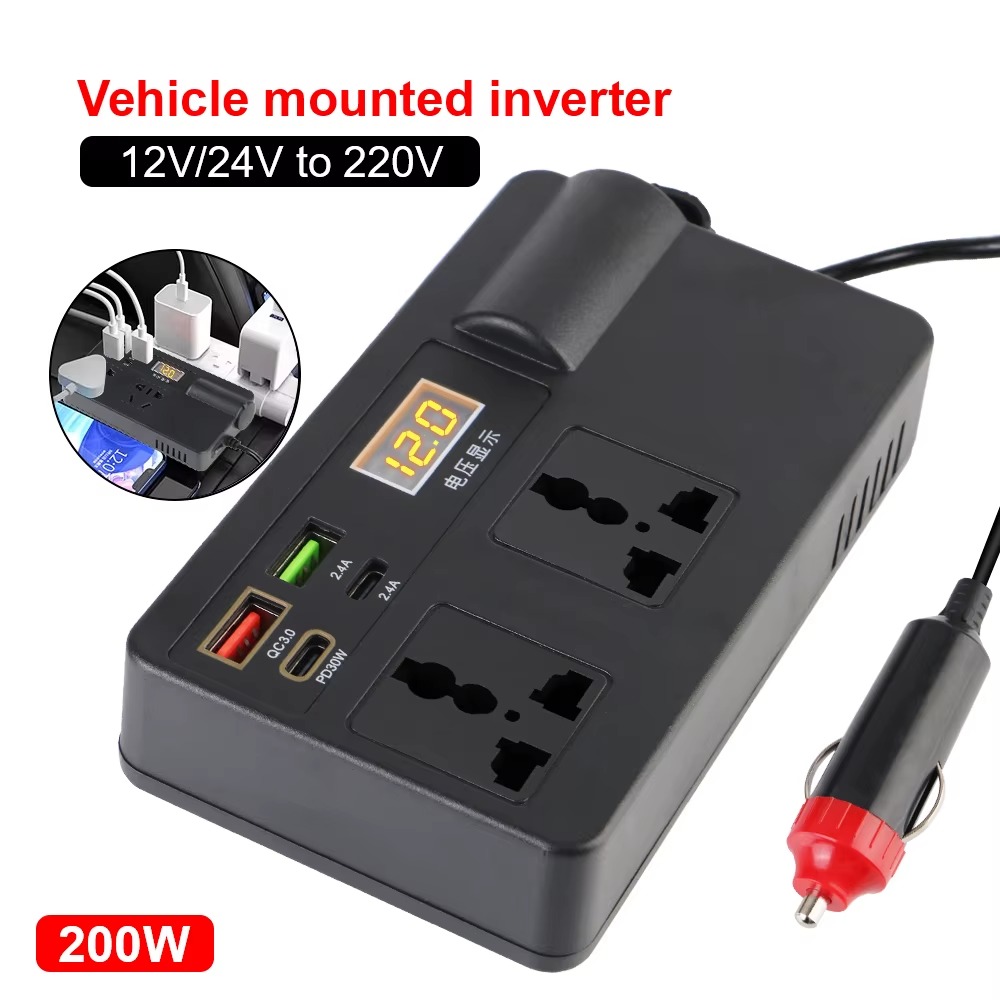 محول طاقة كهربائي عالي القدرة 200 واط للسيارة-12V / 24V إلى شاحن سريع 220 فولت مع USB-PD، كشف الجه