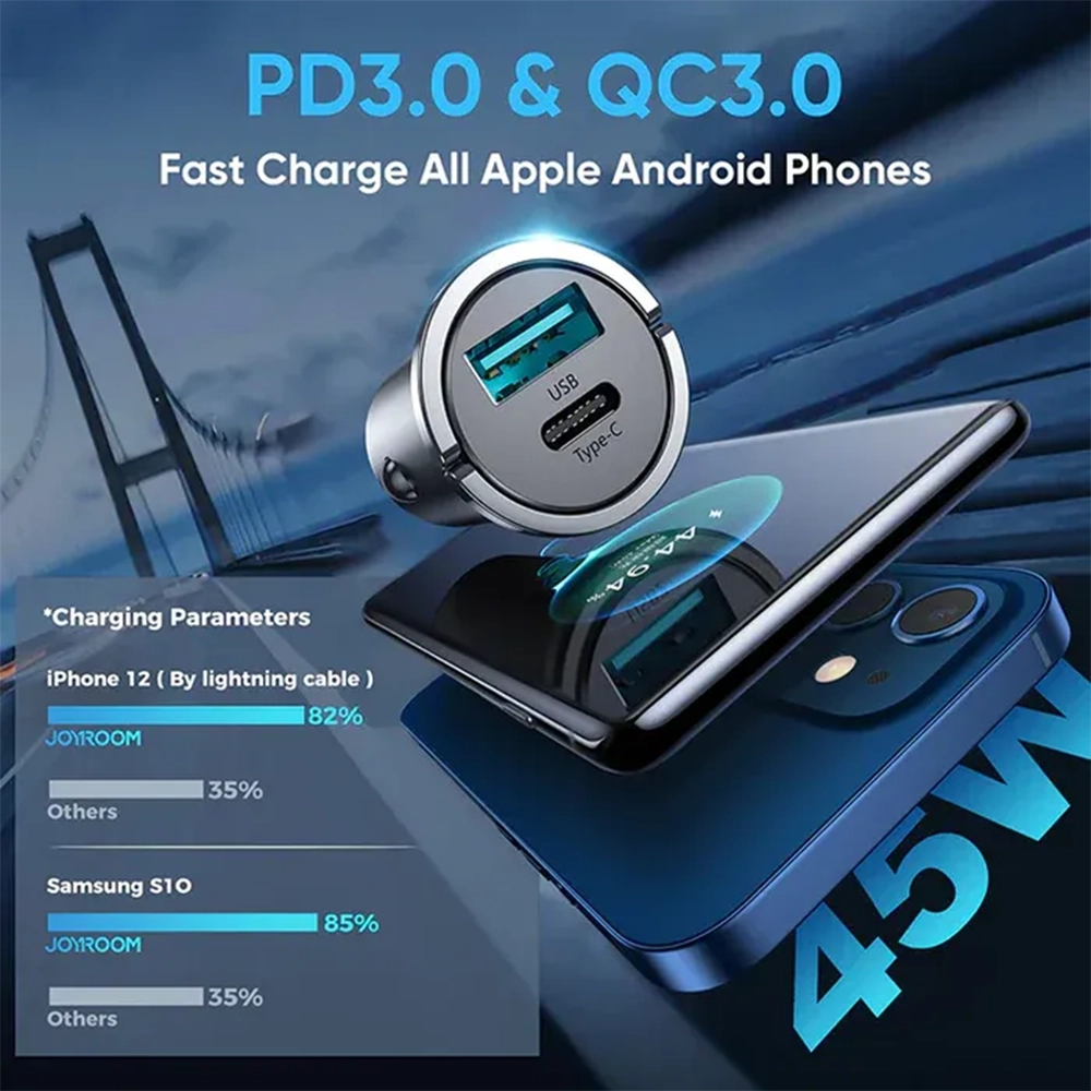 شاحن سيارة جويروم C-A35 ميني 45 واط – منفذين USB و Type-C بتصميم حلقة سحب وتقنية شحن سريع PD 3.0 & QC 3.0