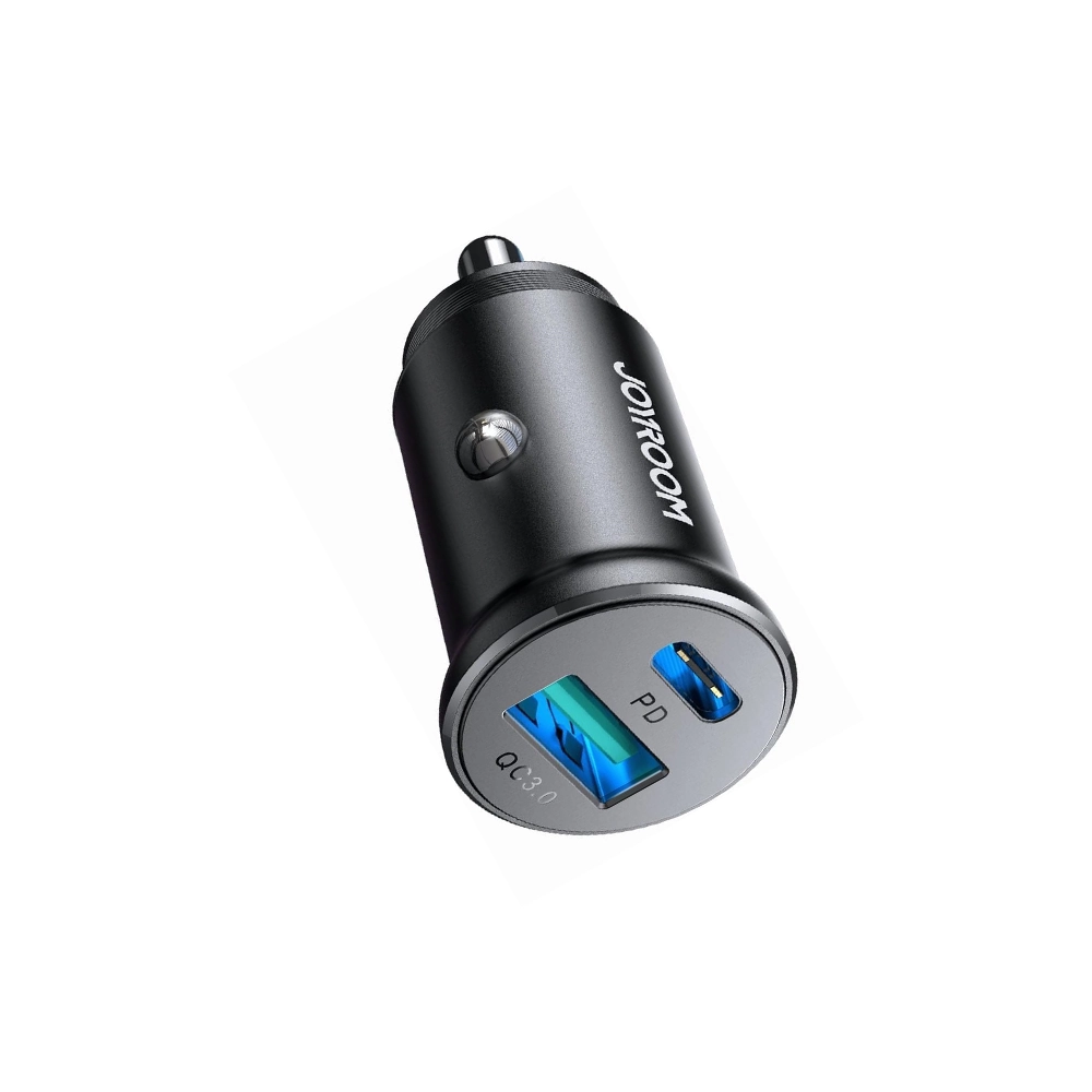 شاحن سيارة معدني صغير 30 وات بمنفذ USB-C ومنفذ USB-A للشحن السريع (PD3.0/PPS/QC3.0) بتصميم صغير من جوي روم - لون أسود، موديل JR-CCN05